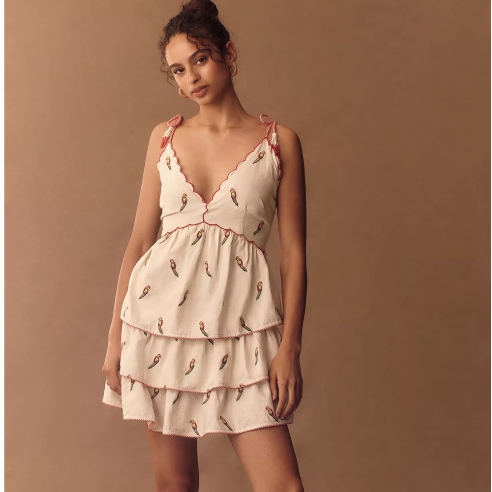 🦜NWT Anthropologie X Farm Rio Sleeveless Linen Tiered Mini Dress